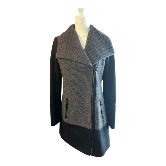 Guess Asymmetrical Zip Colorblock Coat Faux Leather Trim Wool Blend Small WA1 - Picture 1 of 7